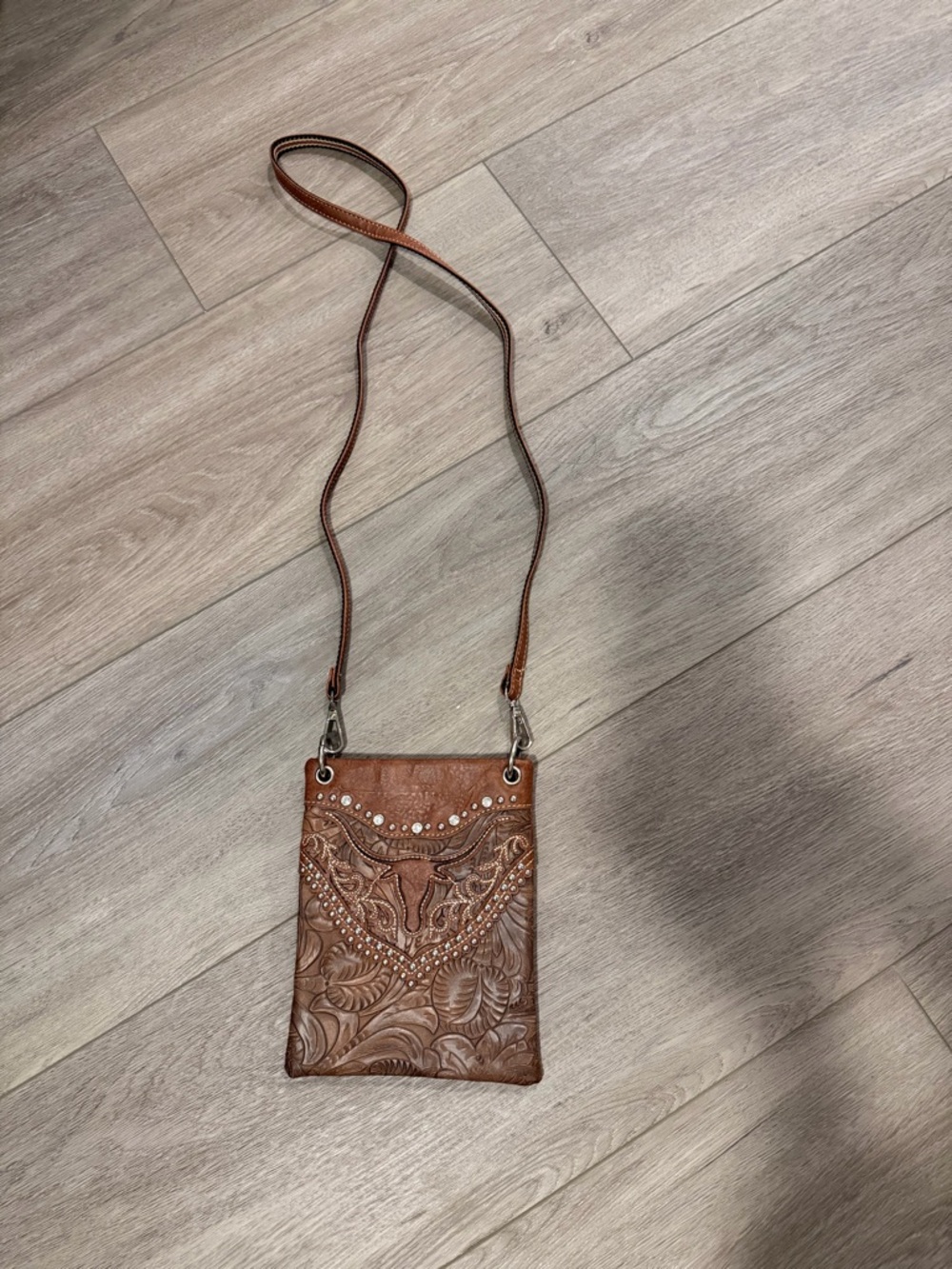 Brown Tooled Leather Crossbody Bag with Stud Accents